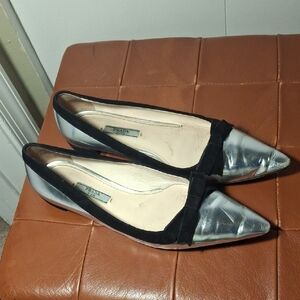 Prada Silver and Black Pointed-Toe Flats